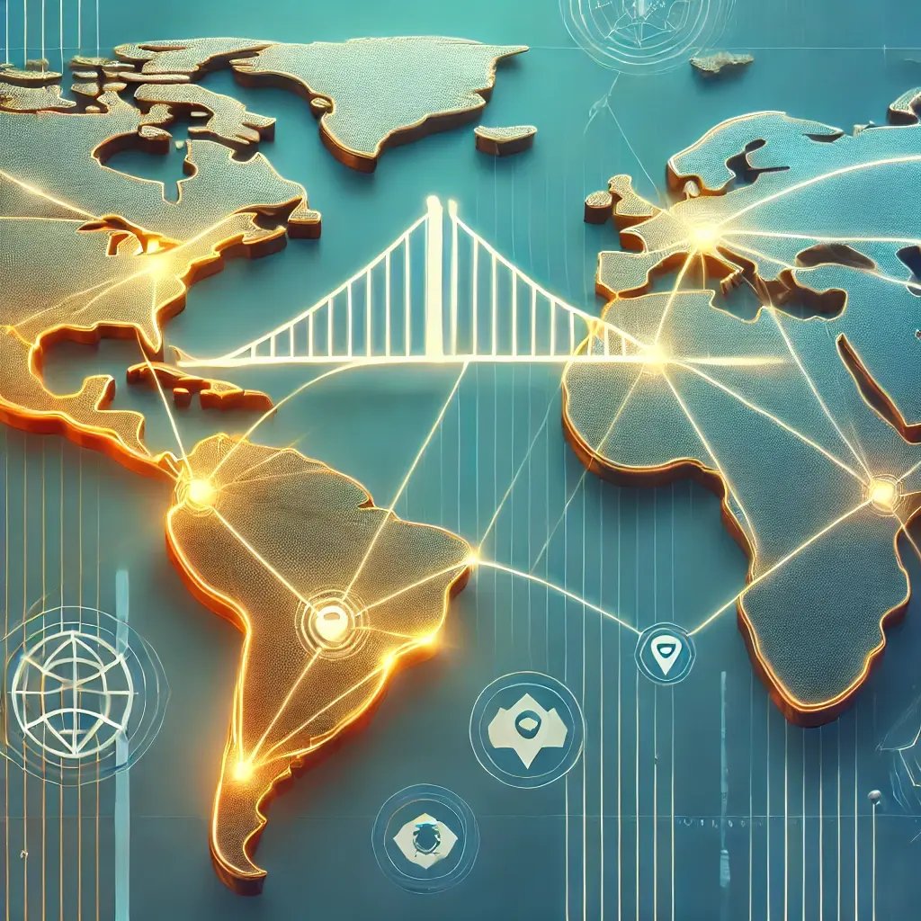 DALL·E 2025-02-05 20.39.38 - A digital illustration of a stylized map connecting Latin America and Europe with a symbolic bridge. The bridge represents opportunities and networkin